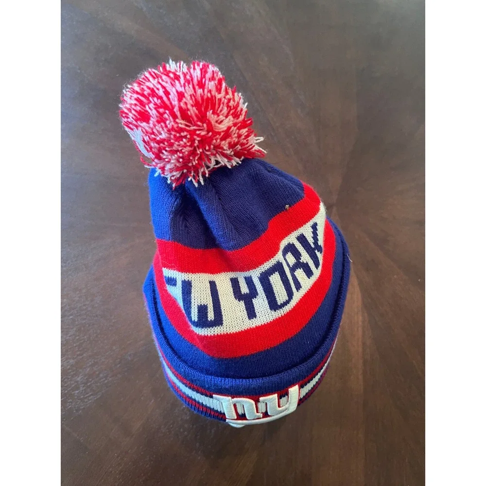 New Era NY Giants Beanie Hat Mens OSFM Blue Excellent Cuffed Pom Pom NFL Cap